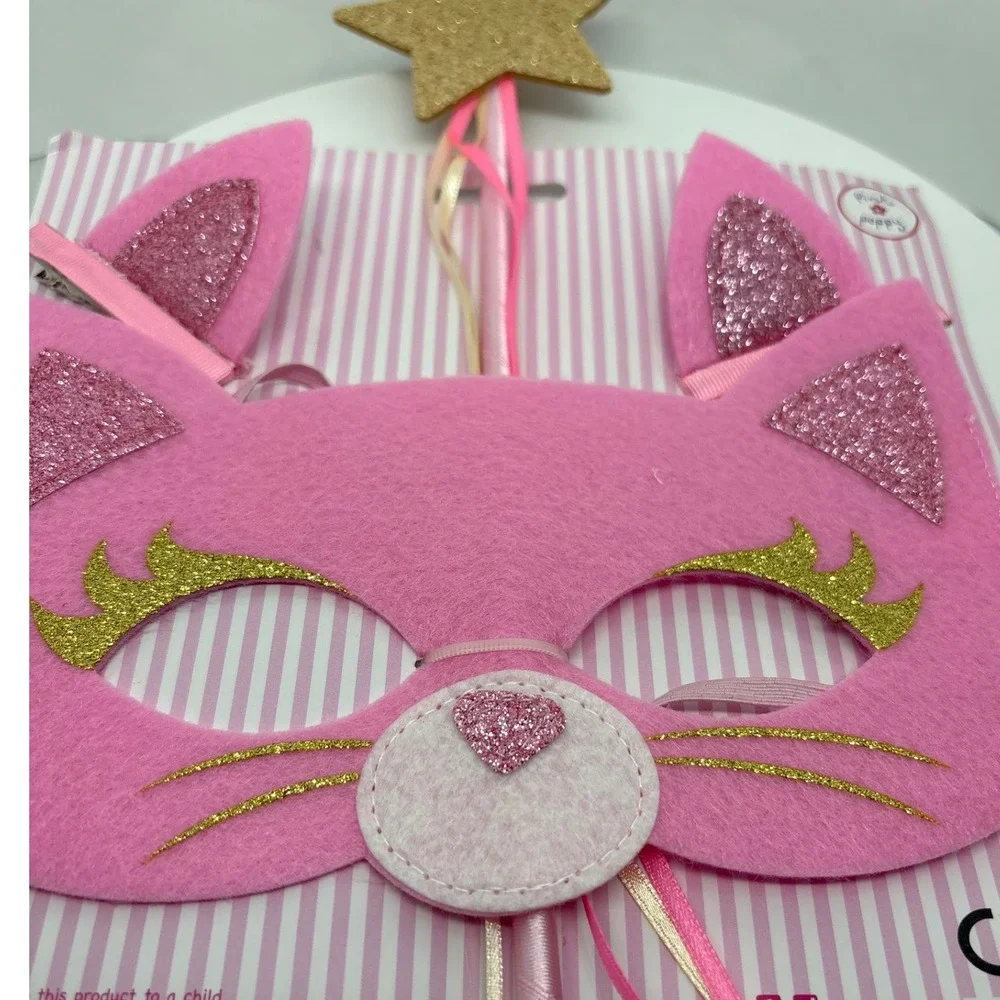 Pink Cat Mask & Gold Star Wand Set - Dress Up, Pretend‎ Play, Halloween Costume